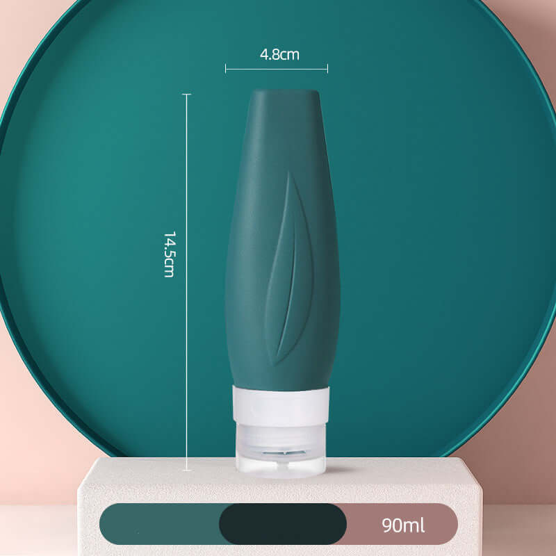 Portable 90ml silicone shampoo bottle with measurement details for travel and home use.