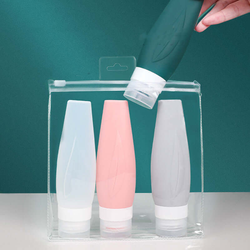 Portable silicone travel shampoo bottle set in a clear pouch, perfect for on-the-go use.