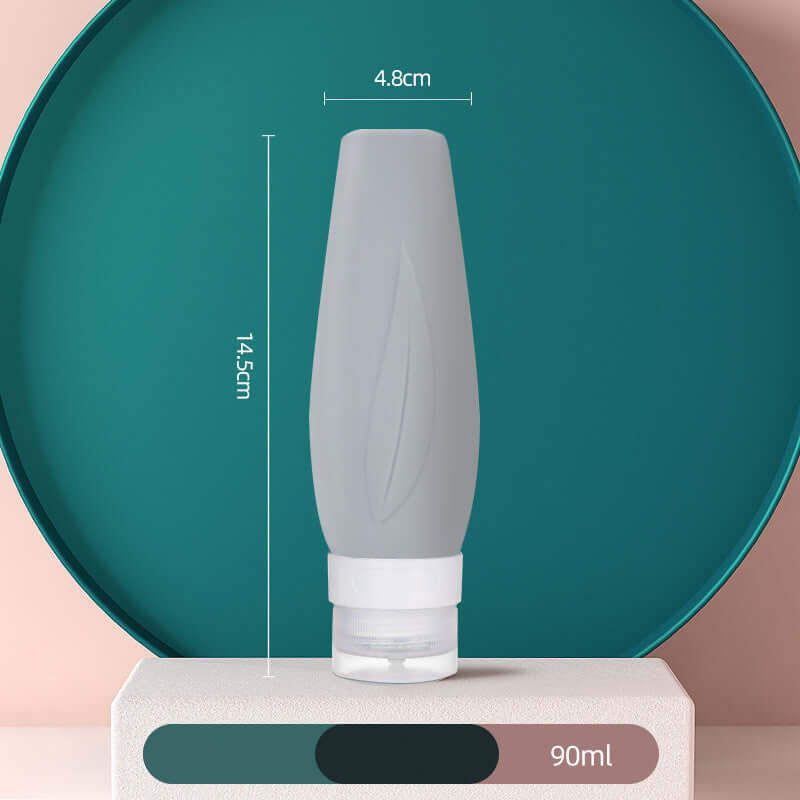 Portable silicone shampoo bottle designed for travel, 90ml, featuring a sleek shape and leak-proof design.