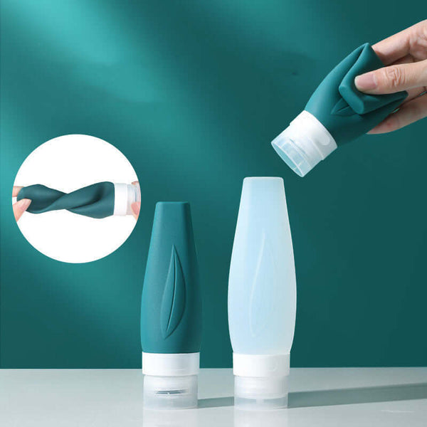 Portable silicone shampoo bottles designed for easy travel, with a twistable leak-proof design.