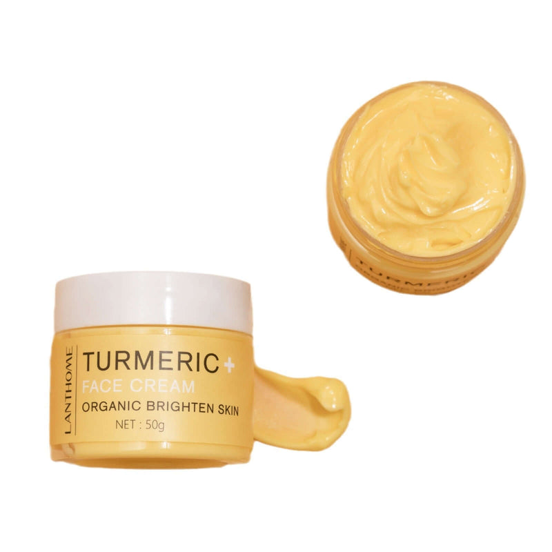 Turmeric face cream in yellow jar, designed for organic skin brightening, 50g net weight.