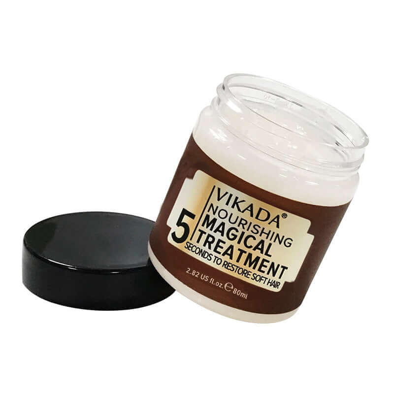 Vikada nourishing magical treatment hair mask for soft hair restoration, 80ml jar with black lid.