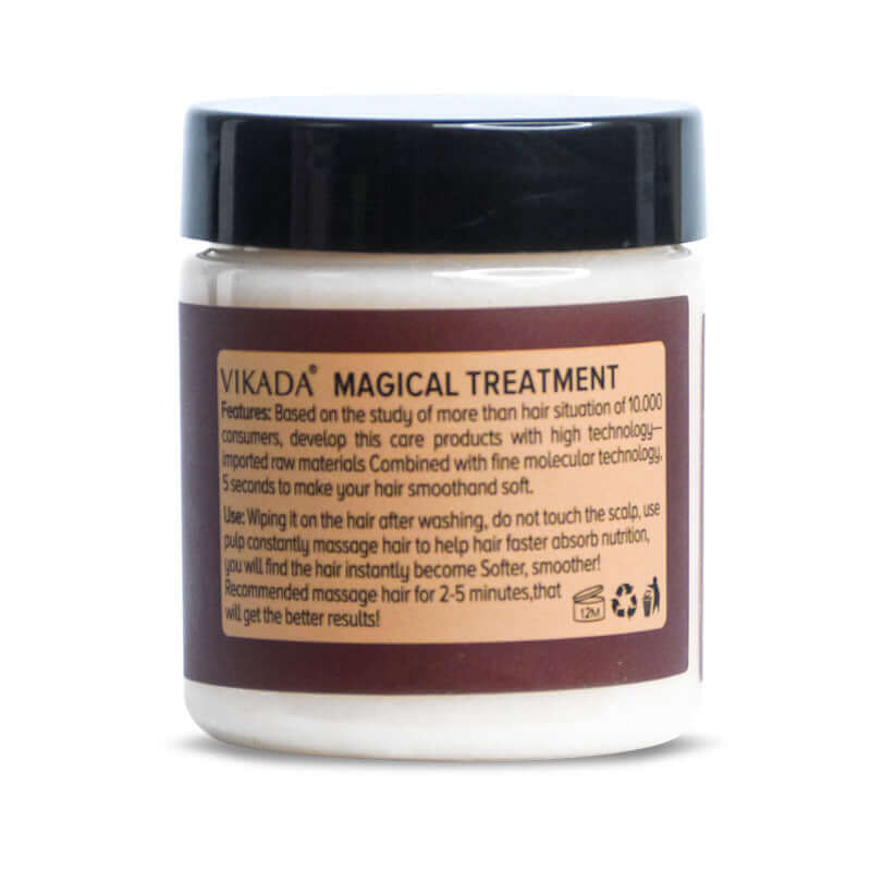 Vikada Magical Treatment hair mask in a jar, designed to deeply moisturize and smooth damaged hair for a softer texture.
