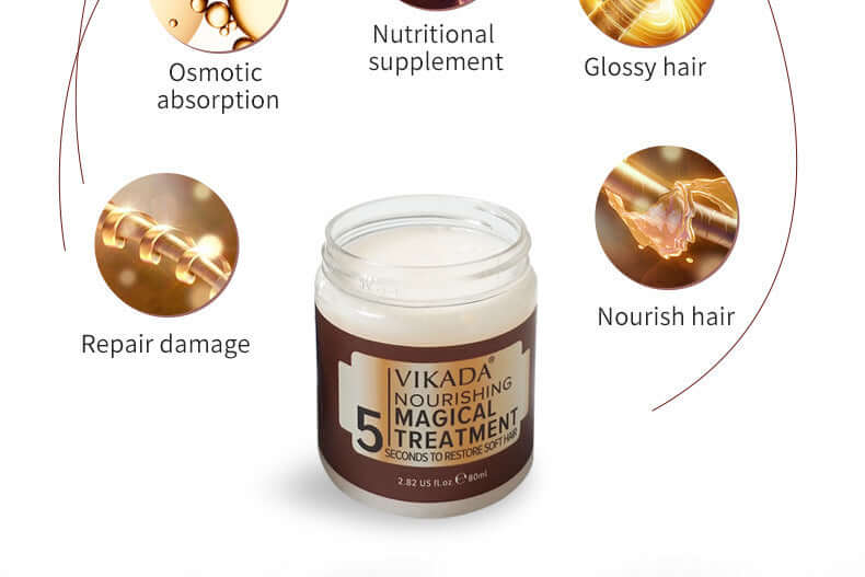 Vikada Nourishing Magical Treatment hair mask for restoring soft, glossy, and healthy hair in 80ml jar.