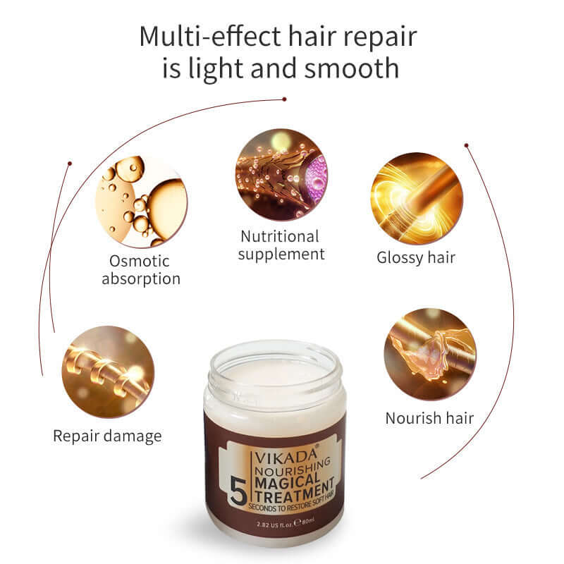 Vikada Nourishing Magical Treatment jar with benefits: osmosis, nourishment, gloss, and damage repair for smooth hair.