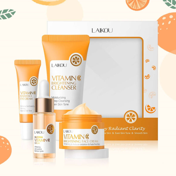 LAIKOU Vitamin C Skin Care Set featuring cleanser, eye cream, essence, and moisturizer for hydration and brightening.