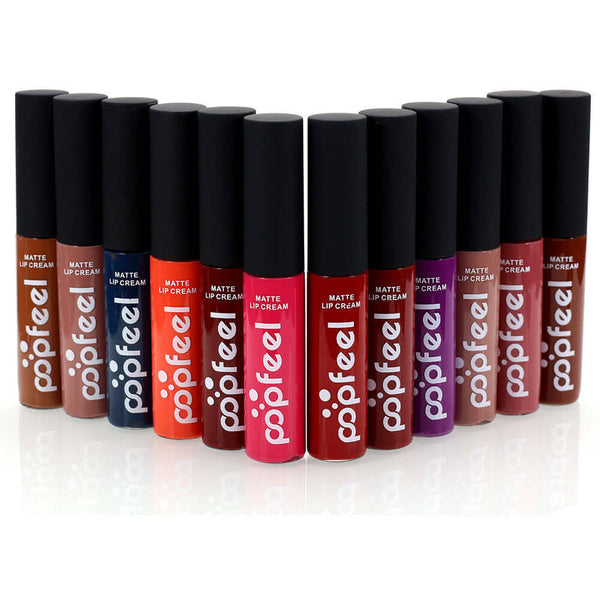 Collection of matte liquid lip glosses in various shades, featuring the Popfeel brand. Perfect for lasting lip makeup.