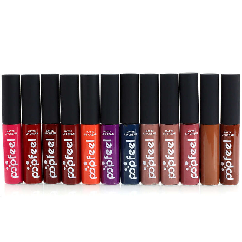 Array of wholesale matte liquid lip gloss in various shades, including red, orange, and nude tones, perfect for lasting lip makeup.