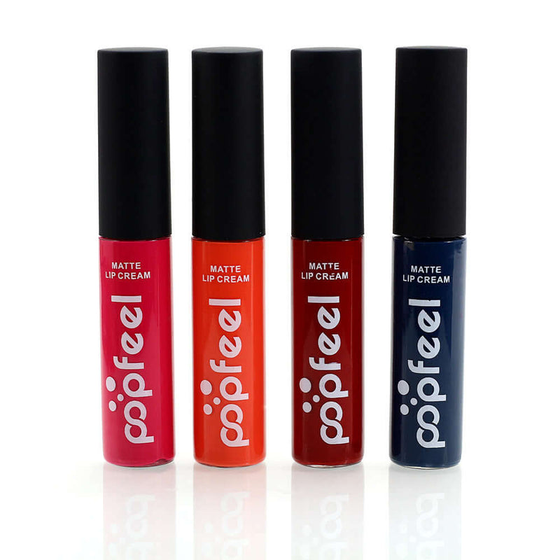Matte liquid lip gloss set in four vibrant shades: pink, orange, dark red, and navy by Popfeel for lasting lip makeup.