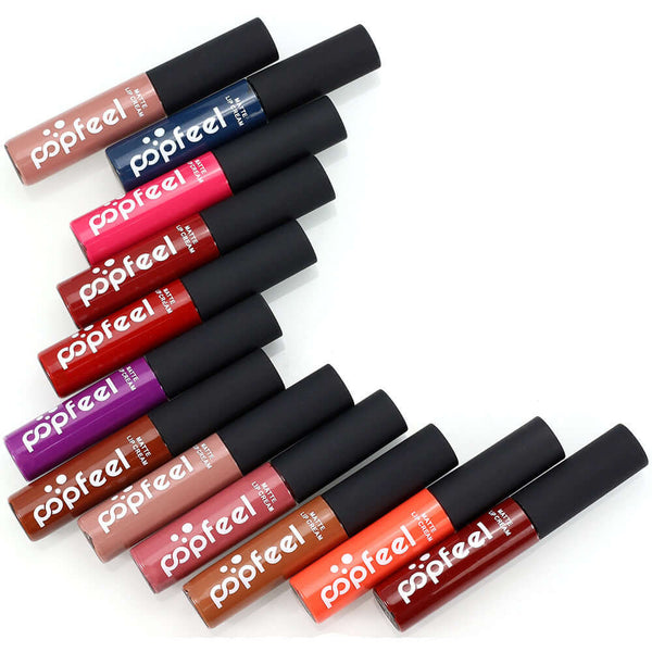 Wholesale matte liquid lip gloss collection featuring nude and vibrant shades for lasting lip makeup.