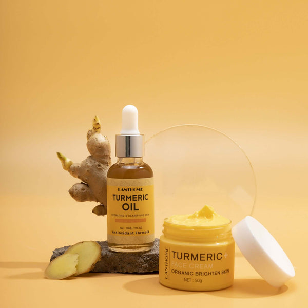 Women's turmeric essential oil and cream skin care set on a yellow background for moisturizing and brightening skin.
