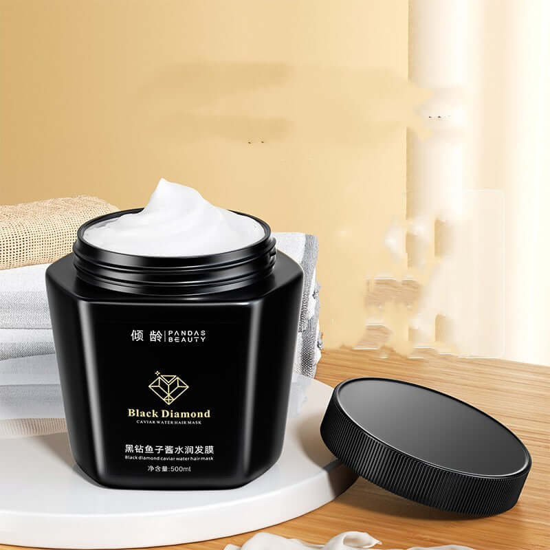 Black Diamond Caviar Moisturizing Hair Mask in black jar, 500ml, designed for nourishing and hydrating hair.