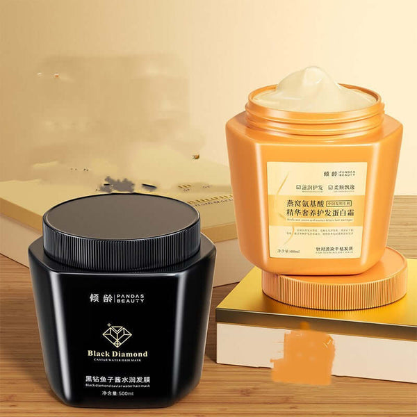 Young Black Diamond Caviar Moisturizing Hair Mask in sleek black jar, alongside luxurious hair mask in gold container.